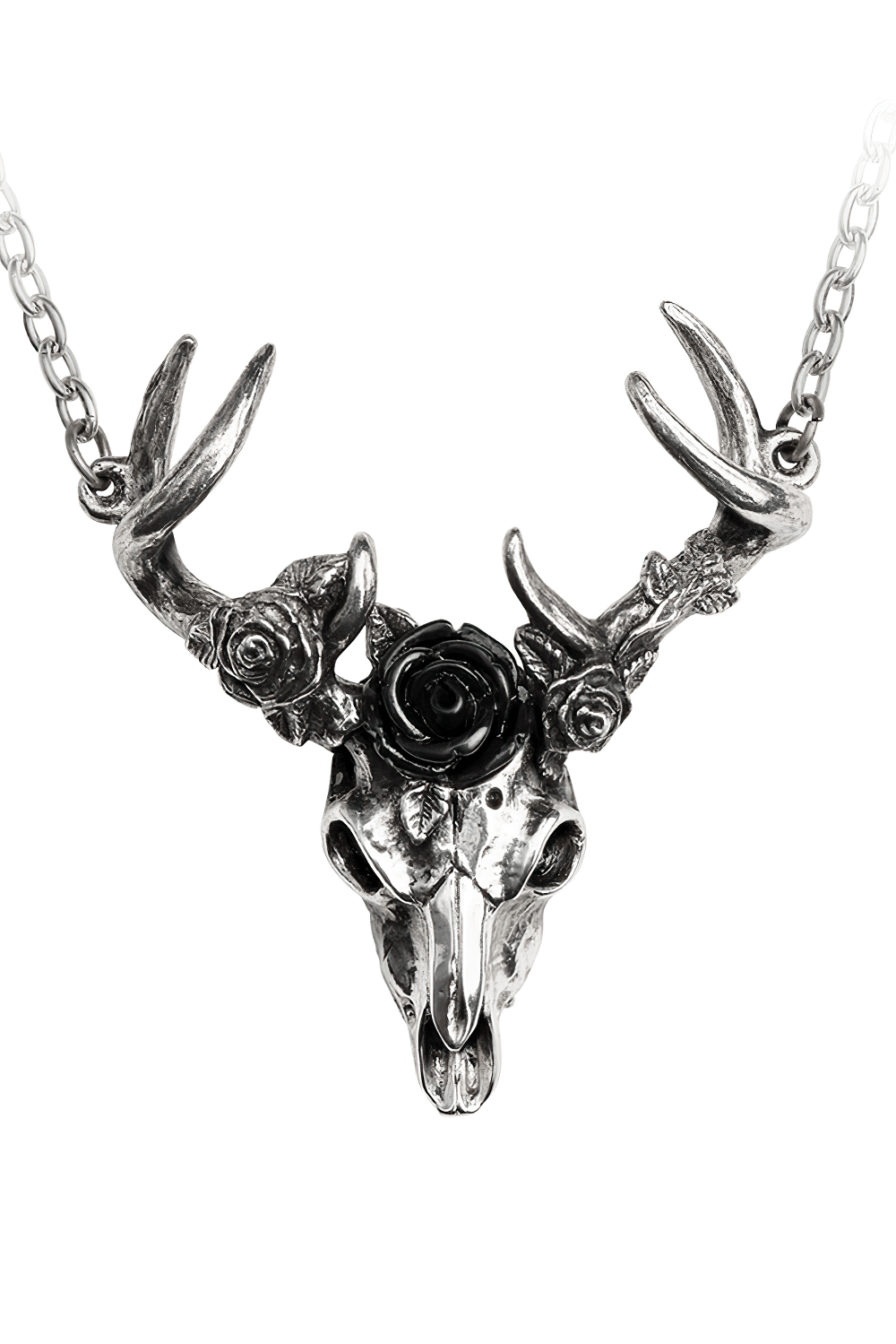 Antiqued pewter pendant featuring a stag skull adorned with roses and a black resin rose, perfect for gothic style.