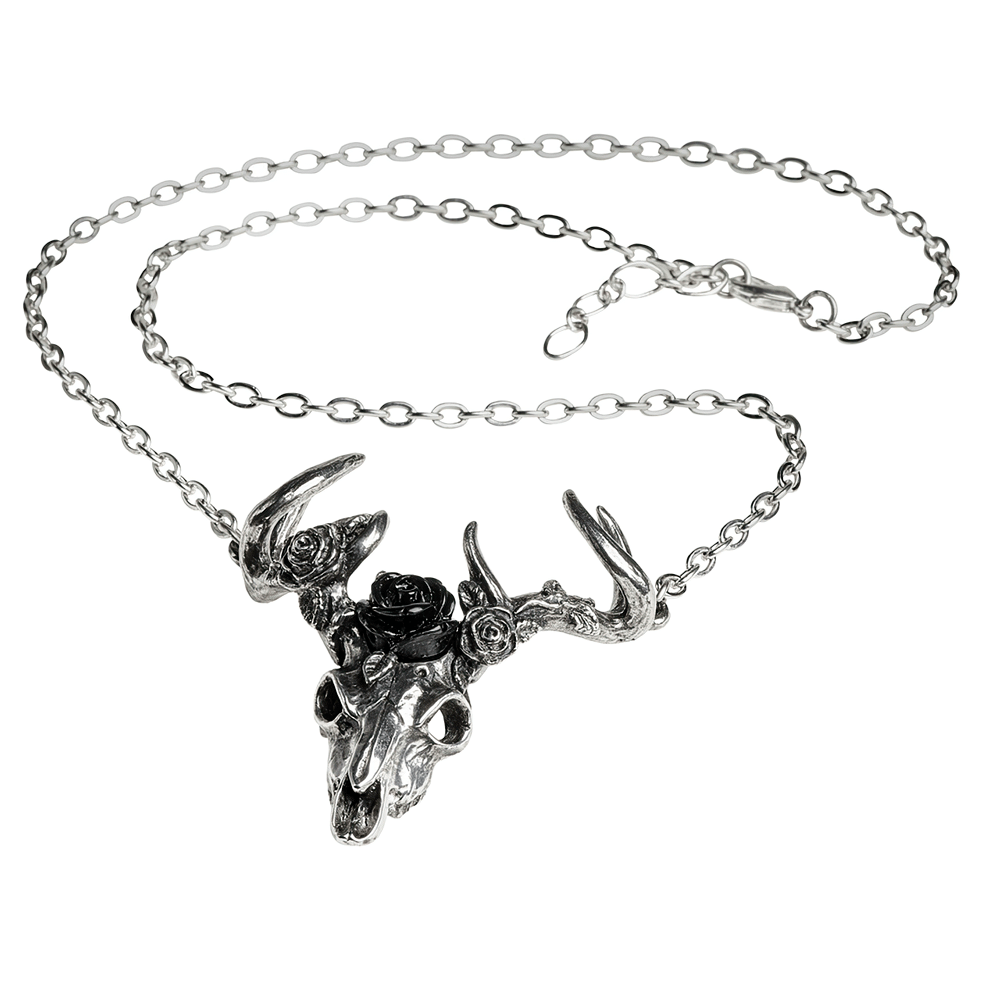 Antiqued pewter White Hart and black rose pendant with stag skull and chain, evoking medieval mystique.