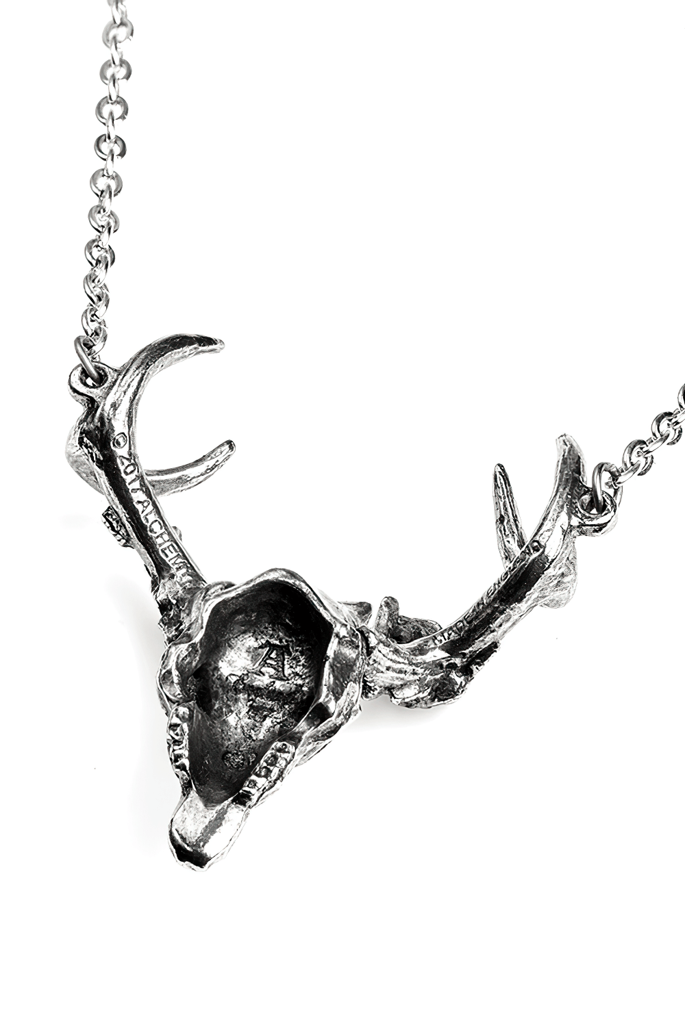 Antiqued pewter deer skull pendant with detailed antlers, perfect for gothic and medieval-themed accessories.