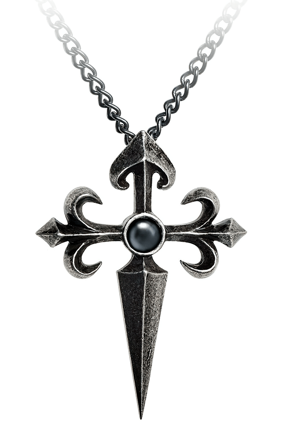 Antiqued Santiago Cross Pendant with fleur-de-lys and hematite stone, symbolizing strength and protection.