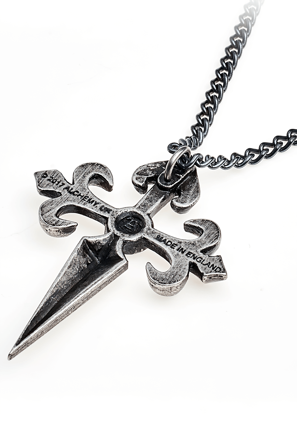 Antiqued Santiago Cross Pendant with Hematite Stone, featuring fleur-de-lys and sword-pointed design.