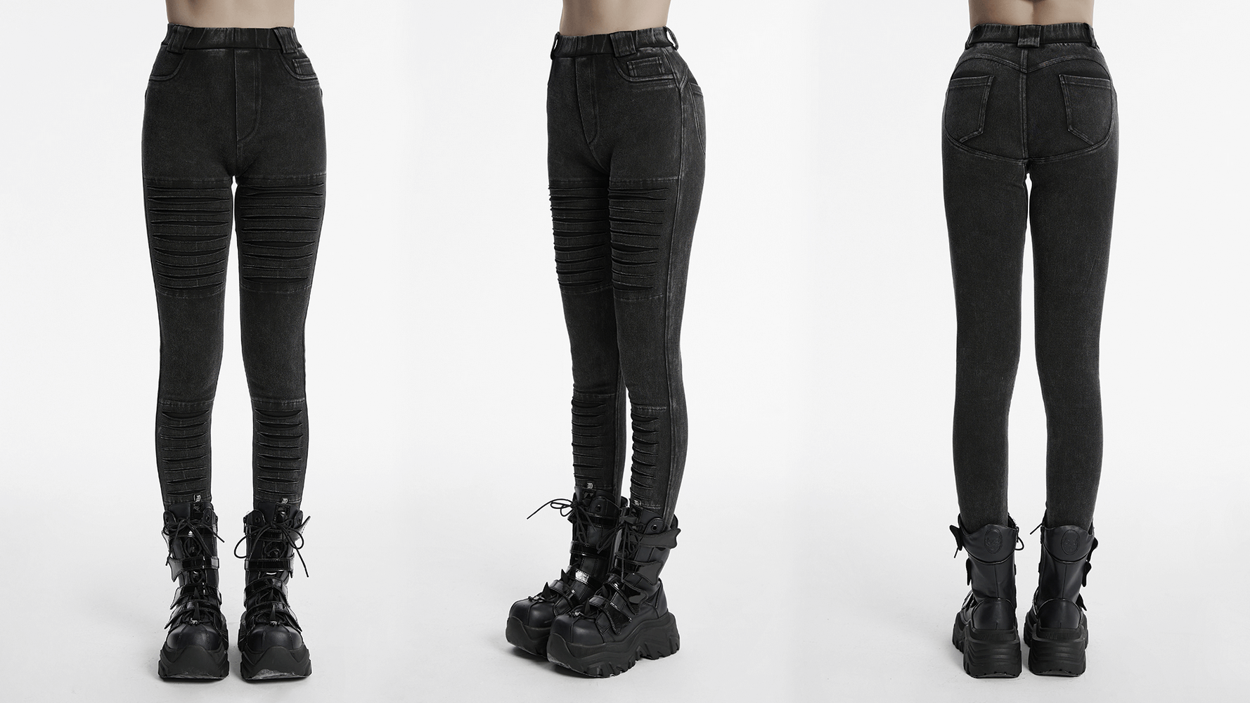 Front, back, and side views of Apocalypse Punk distressed black knitted jeans showing unique detailing.