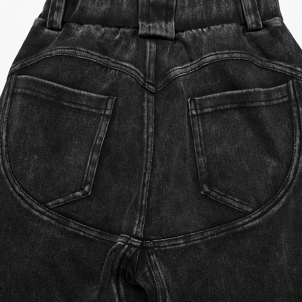 Back view of distressed black knitted jeans showing unique pocket detailing and rugged texture.