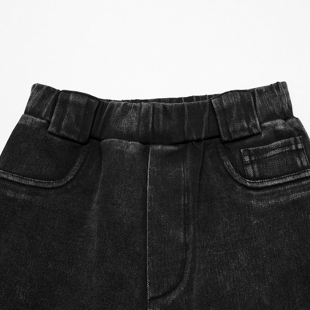 Close-up of the waistband and pockets of Apocalypse Punk Distressed Black Knitted Jeans, showcasing a grunge-inspired design.