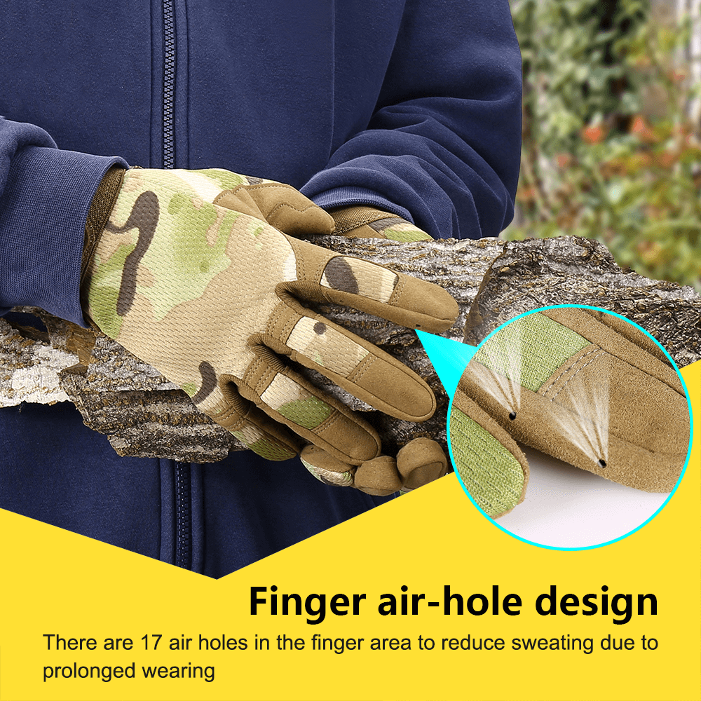 Close-up of tactical gloves showing finger air-hole design for breathability and comfort during prolonged wear.