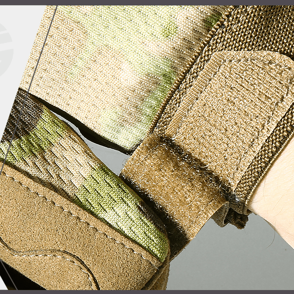 Close-up of the anti-slip strap on tactical gloves, showcasing durable materials and camouflage design for military style.