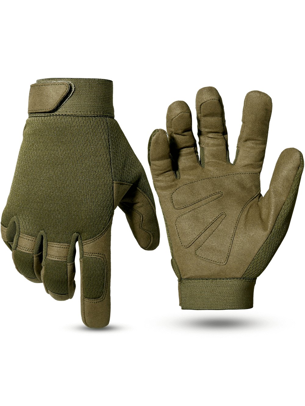 Assault tactical gloves in olive green, featuring anti-slip grip and full finger design for outdoor activities.