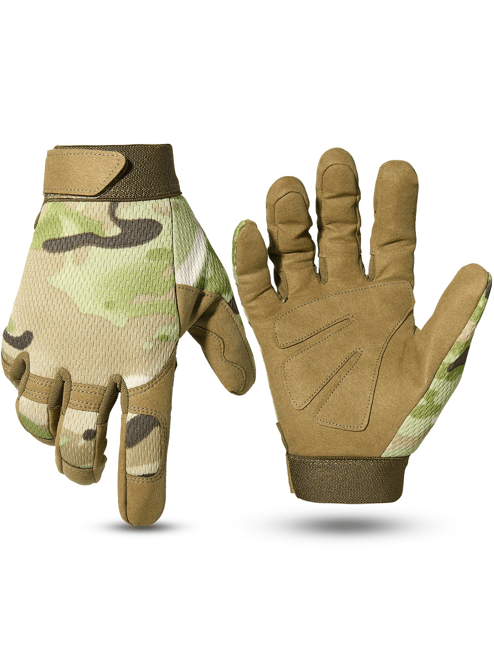 Military-style anti-slip thermal gloves in camouflage pattern, perfect for outdoor activities and tactical use.
