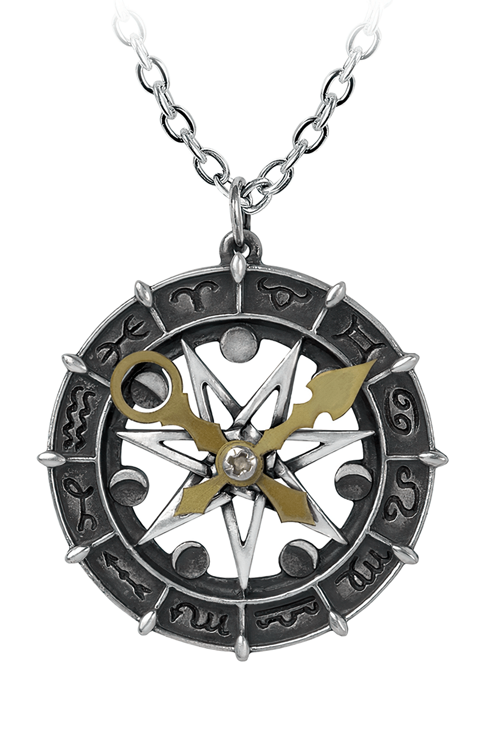 Astro-Lunial Compass Pendant showcasing moon and star motifs for mystical night seekers.