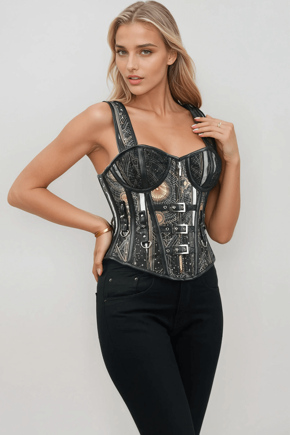 Astrological Overbust Corset with Sunburst and Scrolls, featuring celestial motifs and adjustable back lacing.