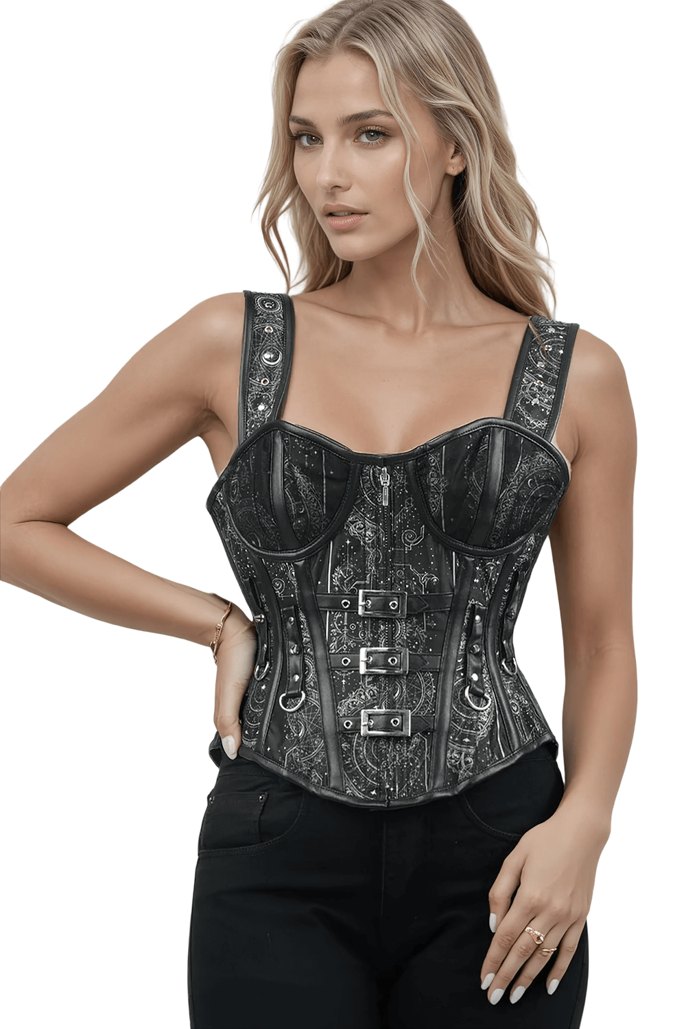Astrological Zodiac and Geometric Overbust Corset in faux leather featuring celestial patterns and adjustable back lacing.