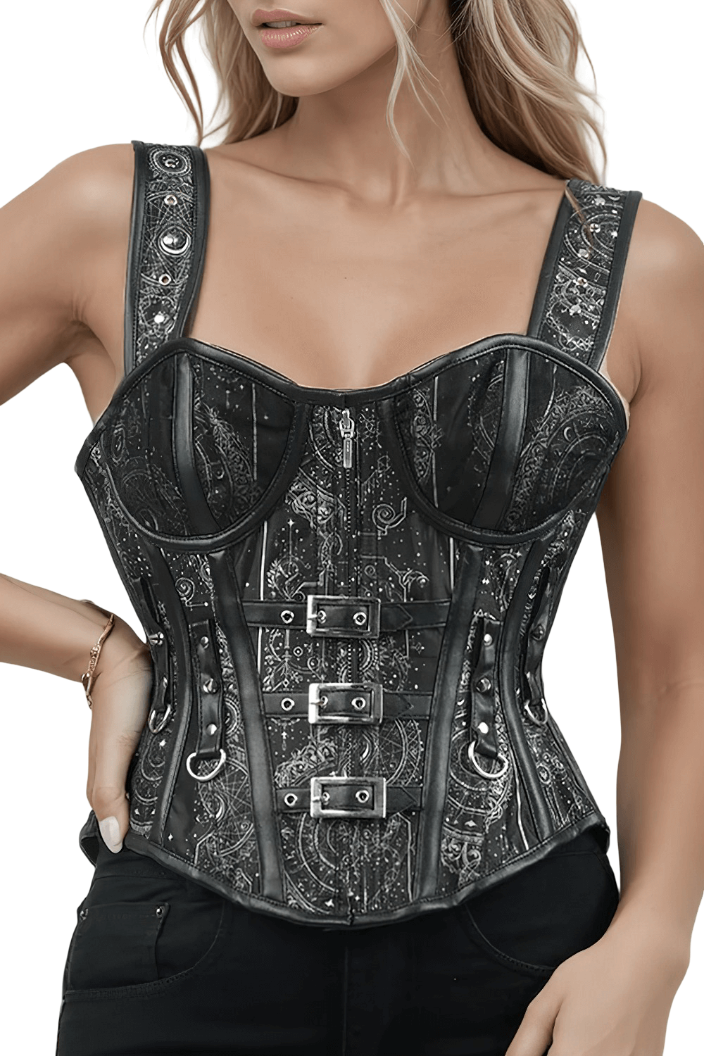Astrological Zodiac and Geometric Overbust Corset featuring celestial scrolls and faux leather embellishments.
