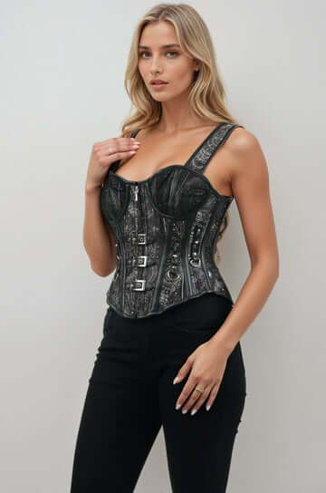Astrological Zodiac and Geometric Overbust Corset in black faux leather with celestial designs and steel boning.
