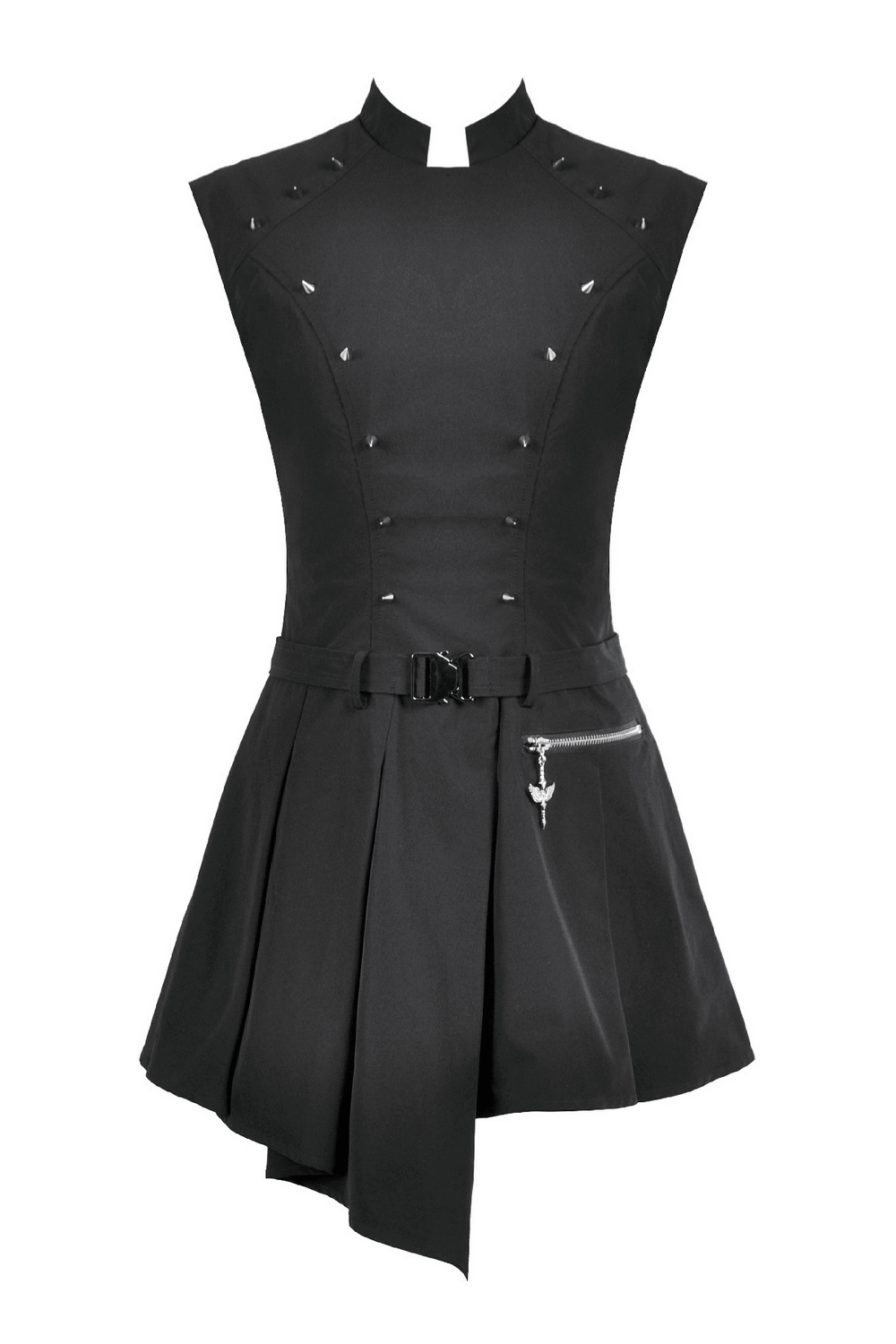 Asymmetric Gothic Studded Dress with Belt and Zipper featuring edgy studs and a unique fit-and-flare design.