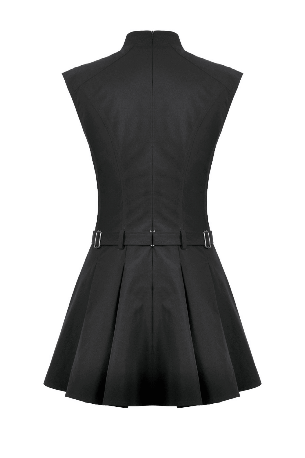 Asymmetric Gothic Studded Dress with Belt and Zipper - Back view of an edgy black dress with flared skirt and zipper.