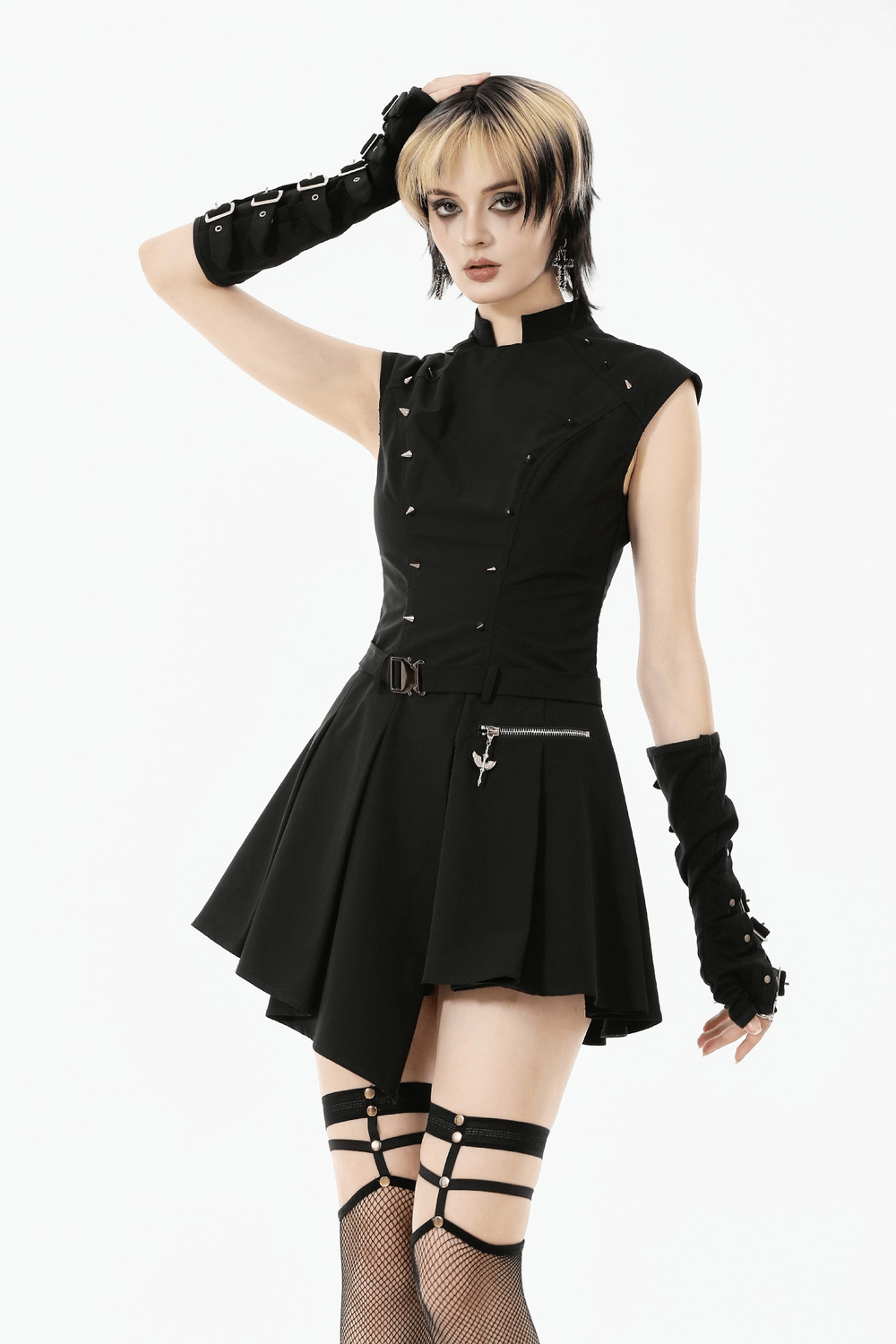 Asymmetric Gothic Studded Dress with Belt and Zipper showcasing punk style and edgy fashion details.