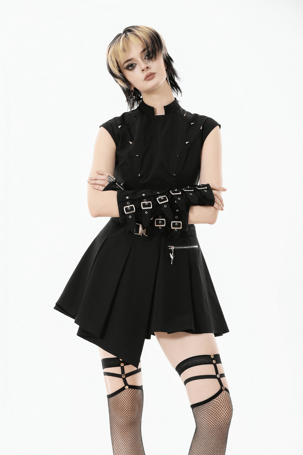 Asymmetric Gothic Studded Dress with Belt and Zipper showcased on a model in punk style black outfit with edgy accessories.