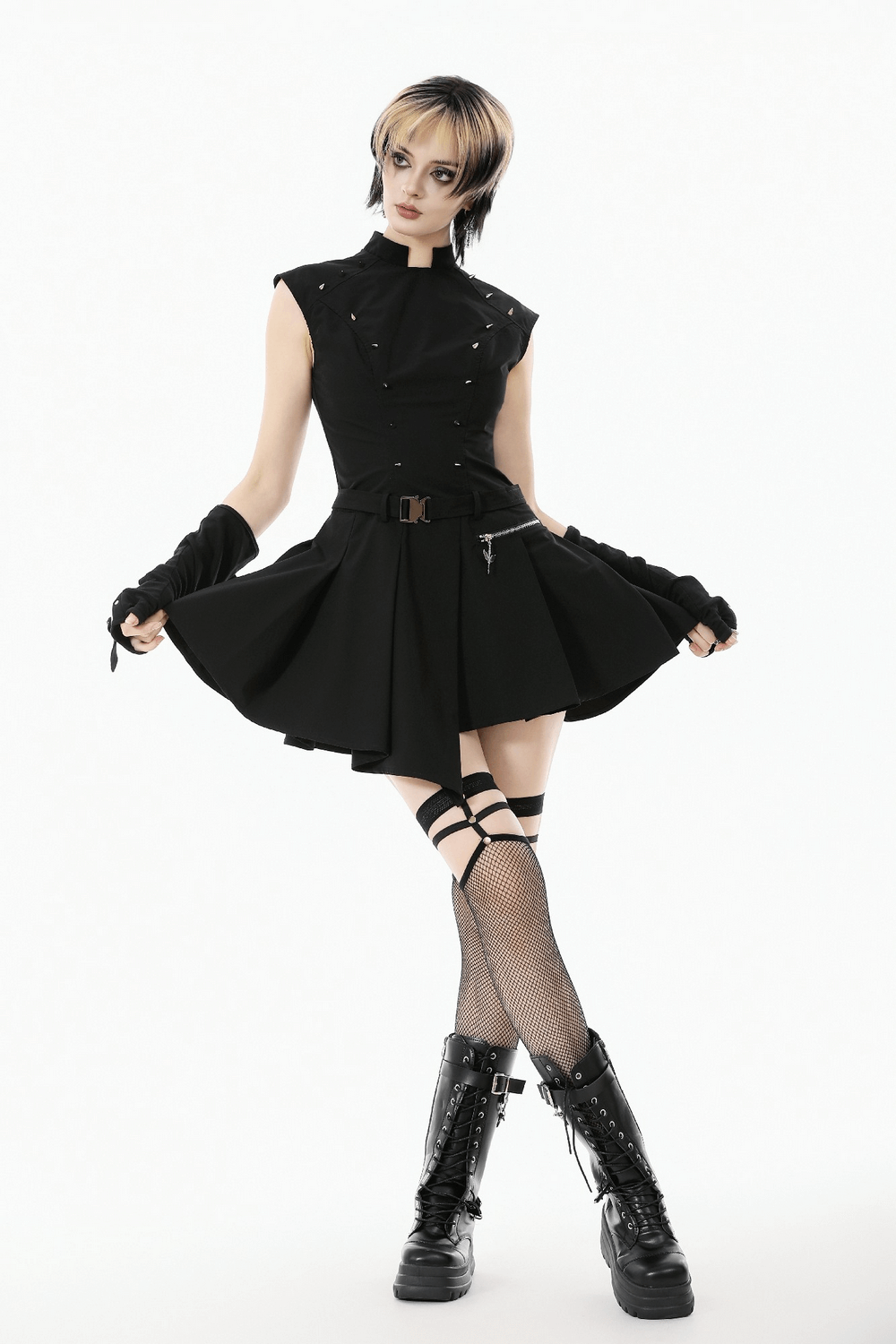 Asymmetric Gothic Studded Dress with Belt and Zipper worn by model showcasing edgy punk style.