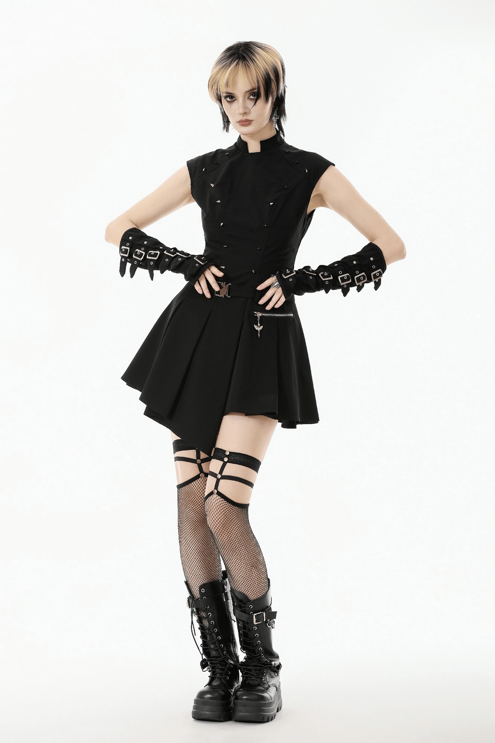 Asymmetric Gothic Studded Dress with Belt and Zipper modeled by a punk style model featuring edgy accessories.