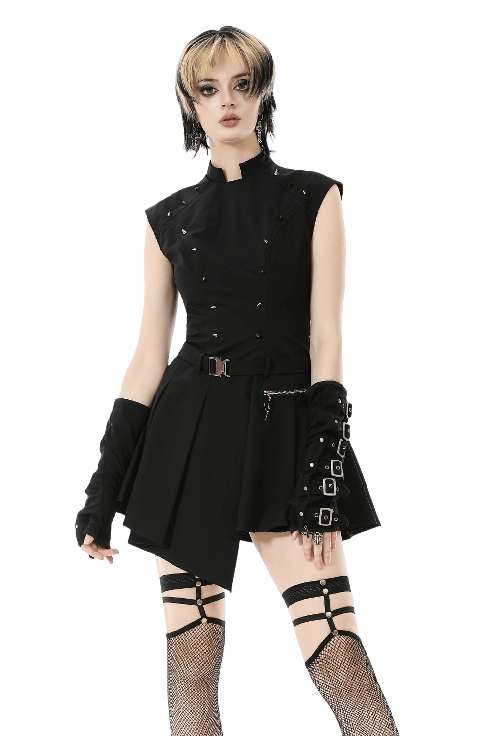 Asymmetric Gothic Studded Dress with Belt and Zipper modeled by an edgy fashionista in black with studs.