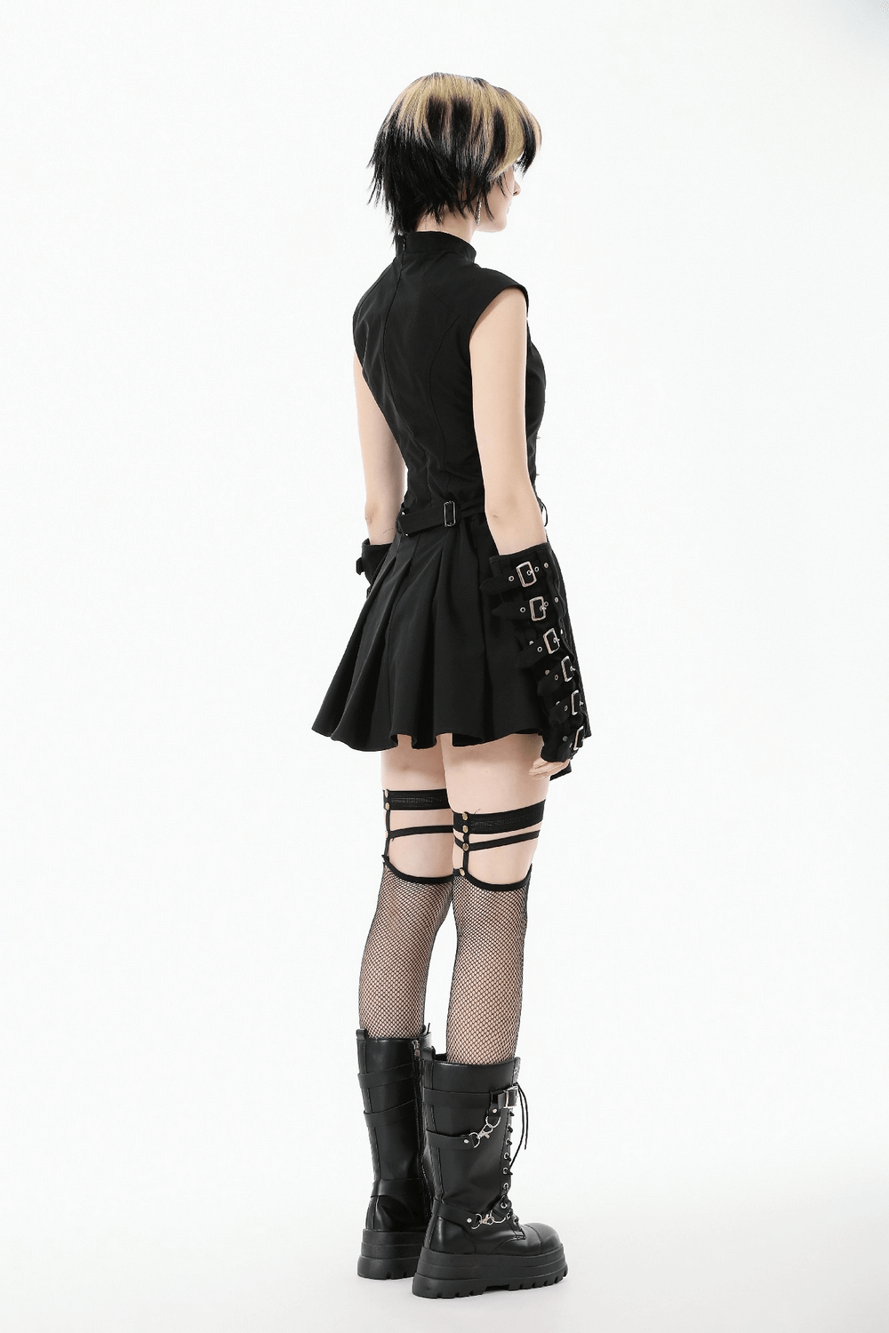 Asymmetric Gothic Studded Dress with Belt and Zipper showcased from the back, highlighting punk style and edgy details.