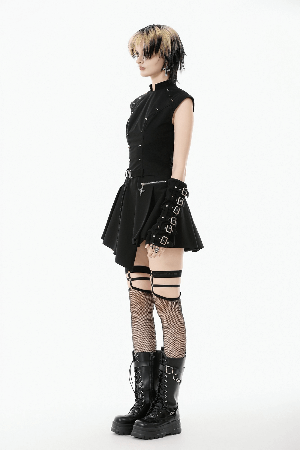 Asymmetric Gothic Studded Dress with Belt and Zipper on a model in a punk style outfit.