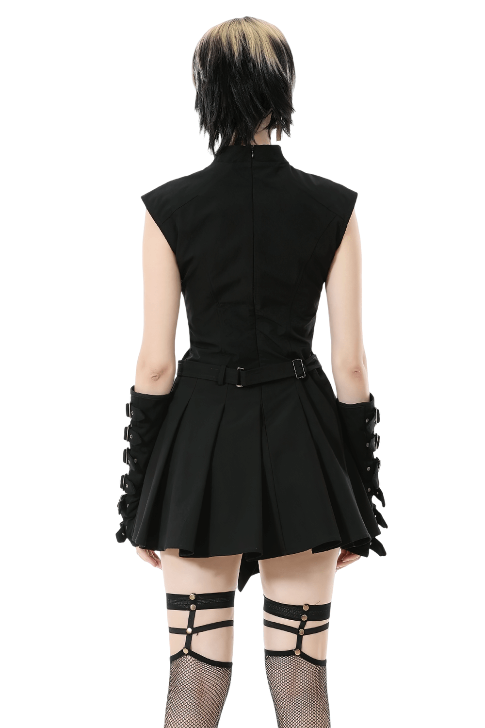 Asymmetric Gothic Studded Dress with Belt and Zipper back view showcasing edgy punk details and flattering fit.