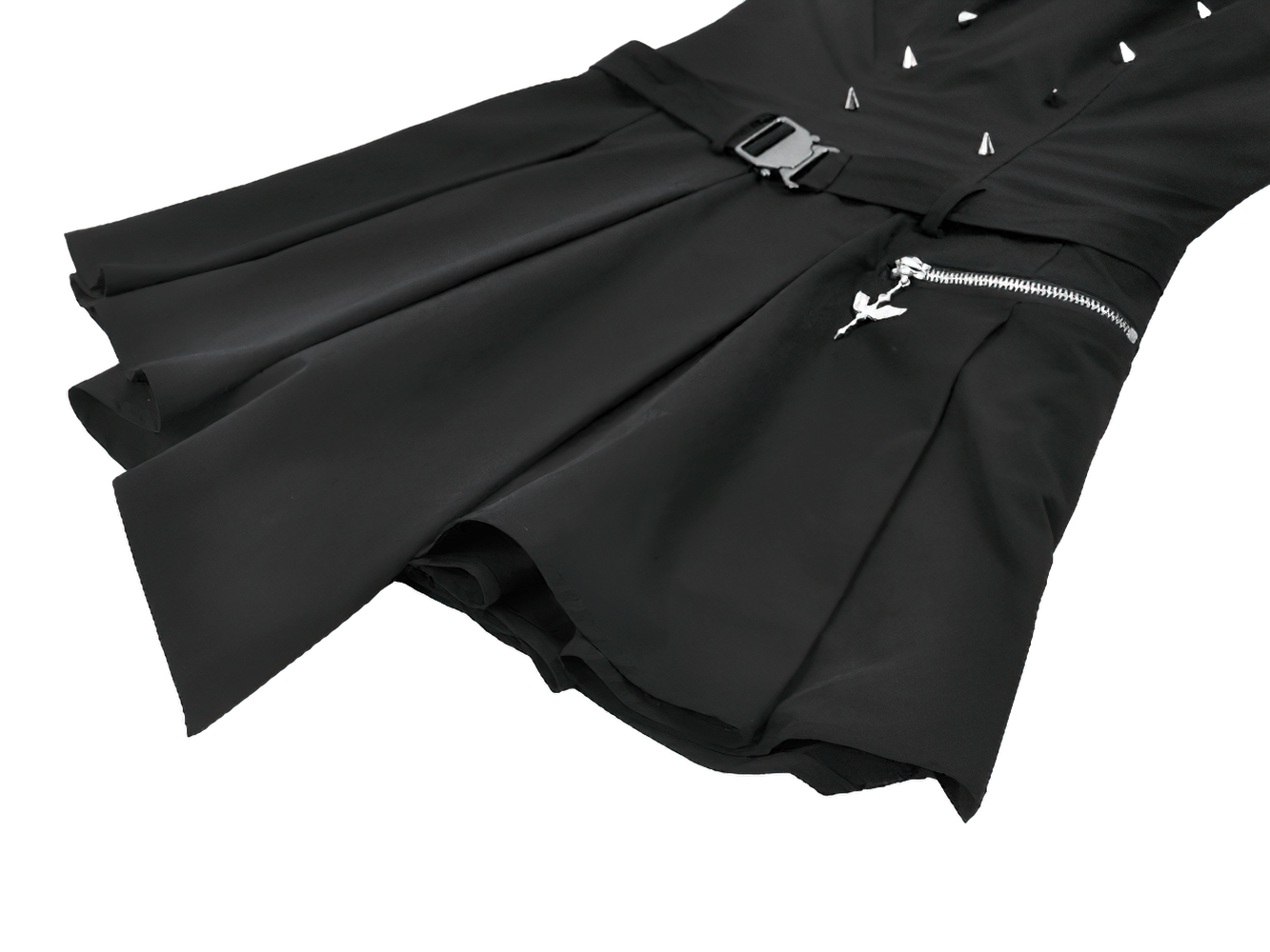 Asymmetric Gothic Studded Dress with Belt and Zipper showcasing black fabric, studs, and zippers for a punk style.
