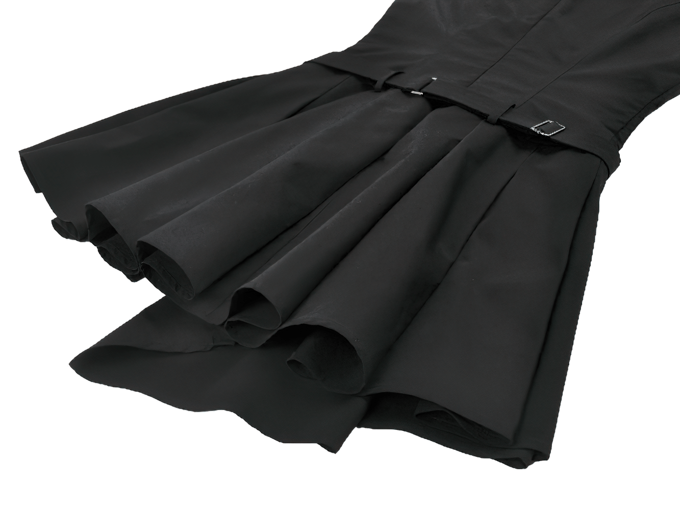 Asymmetric Gothic Studded Dress with Belt and Zipper showcasing a unique layered skirt detail in black.