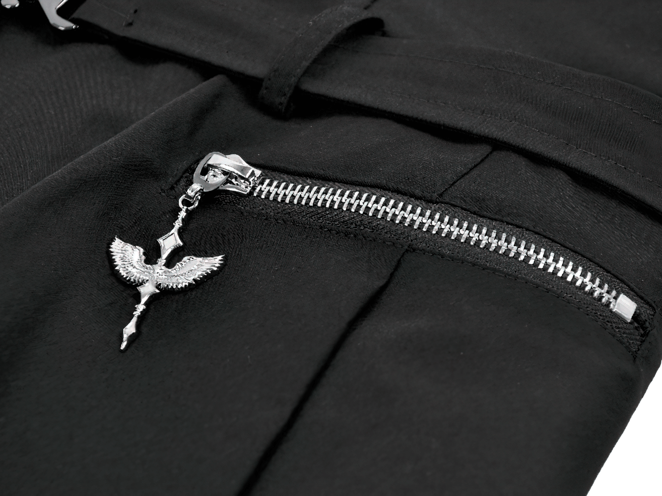 Asymmetric Gothic Studded Dress with Belt and Zipper close-up on zipper detail with silver charm