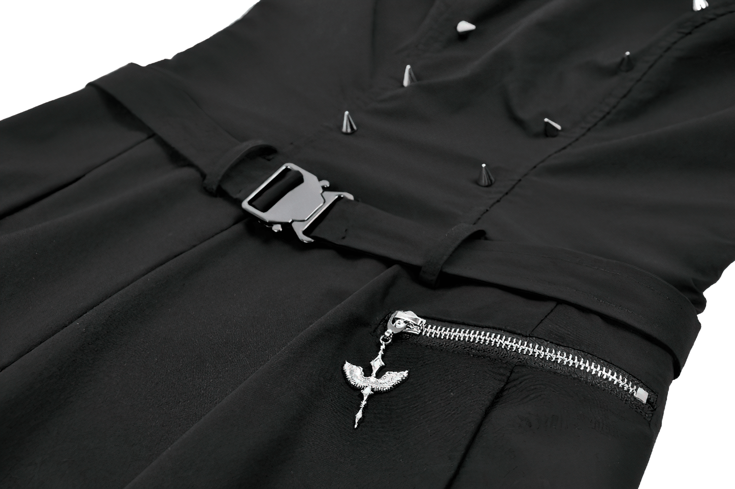 Asymmetric Gothic Studded Dress with Belt and Zipper close-up showing belt, studs, and zipper detailing.