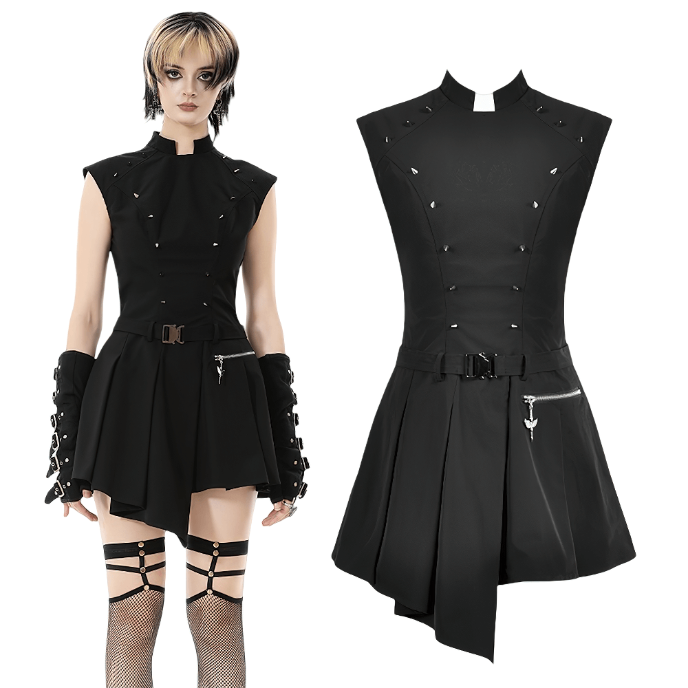 Asymmetric Gothic Studded Dress with Belt and Zipper showcasing punk style, studs, and flattering fit-and-flare design.