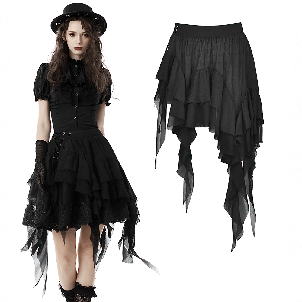 Asymmetric layered ruffle skirt for punk and festival looks, paired with a gothic outfit and dramatic ruffles.