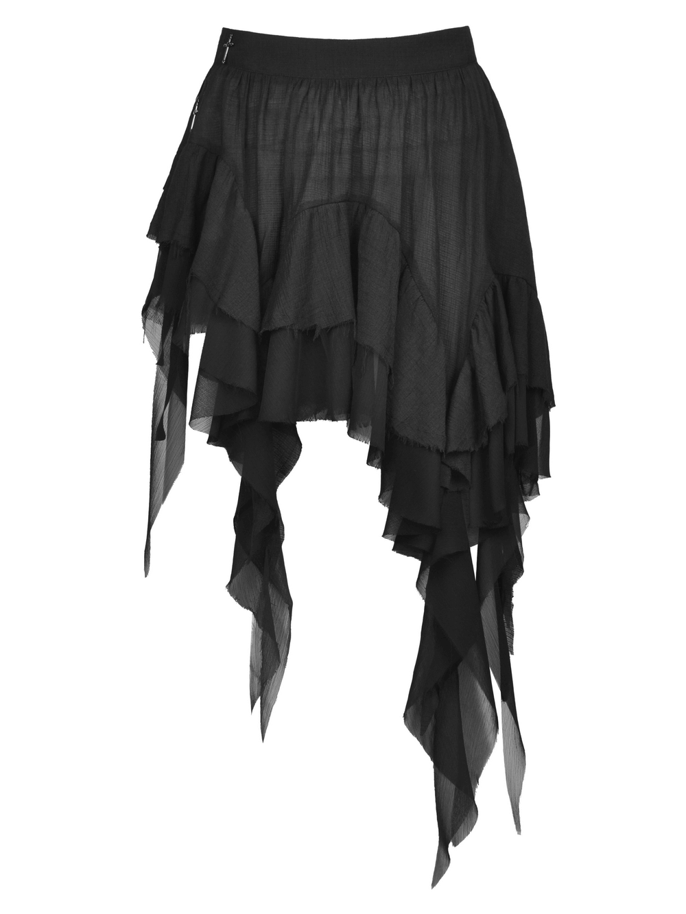 Asymmetric layered ruffle skirt with handkerchief hem for punk and festival looks, featuring dark sheer fabric.
