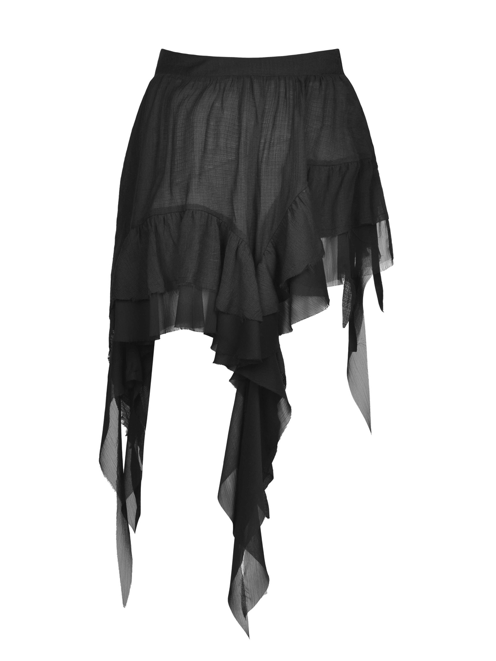 Asymmetric layered ruffle skirt in black fabric, perfect for punk, festival, and witchy outfits.
