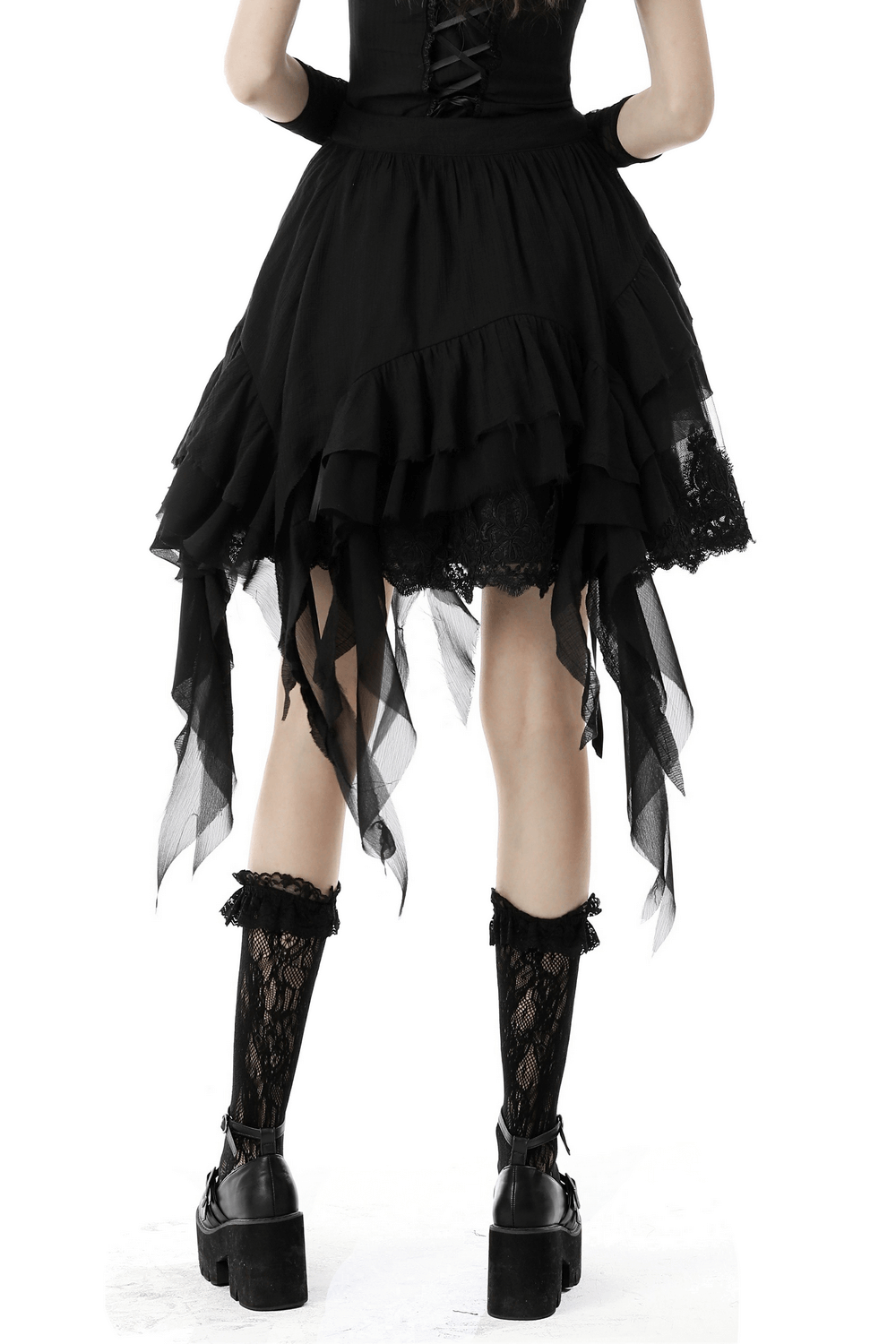 Asymmetric layered ruffle skirt with handkerchief hem, perfect for punk and witchy outfits.