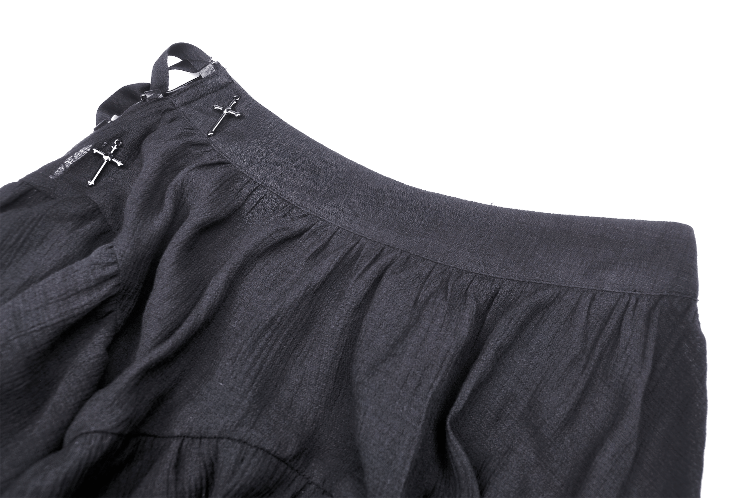 Asymmetric layered ruffle skirt with cross details, perfect for punk and witchy festival outfits.