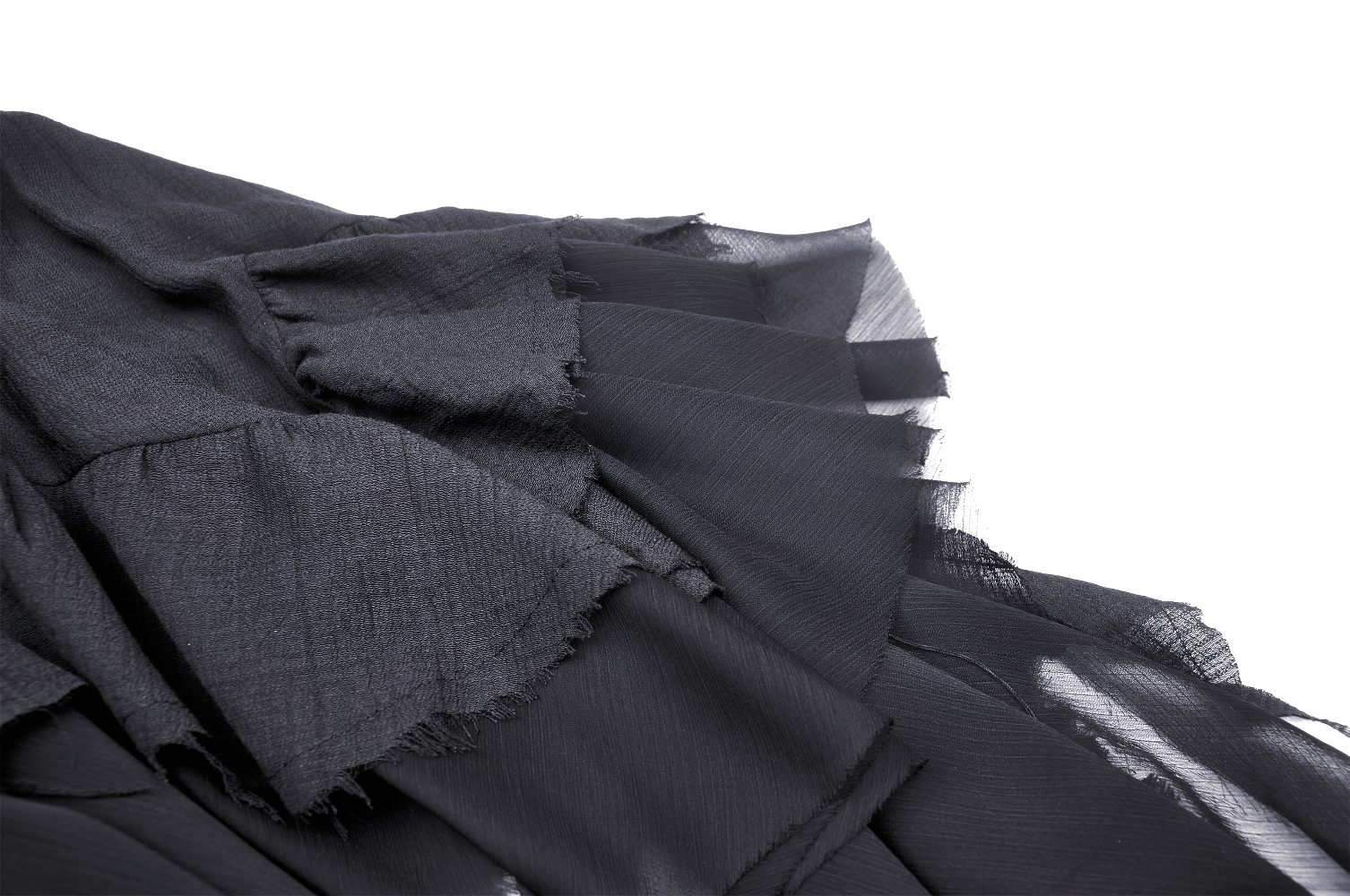 Close-up of black sheer fabric featuring layered ruffles and a handkerchief hem for punk and festival fashion.