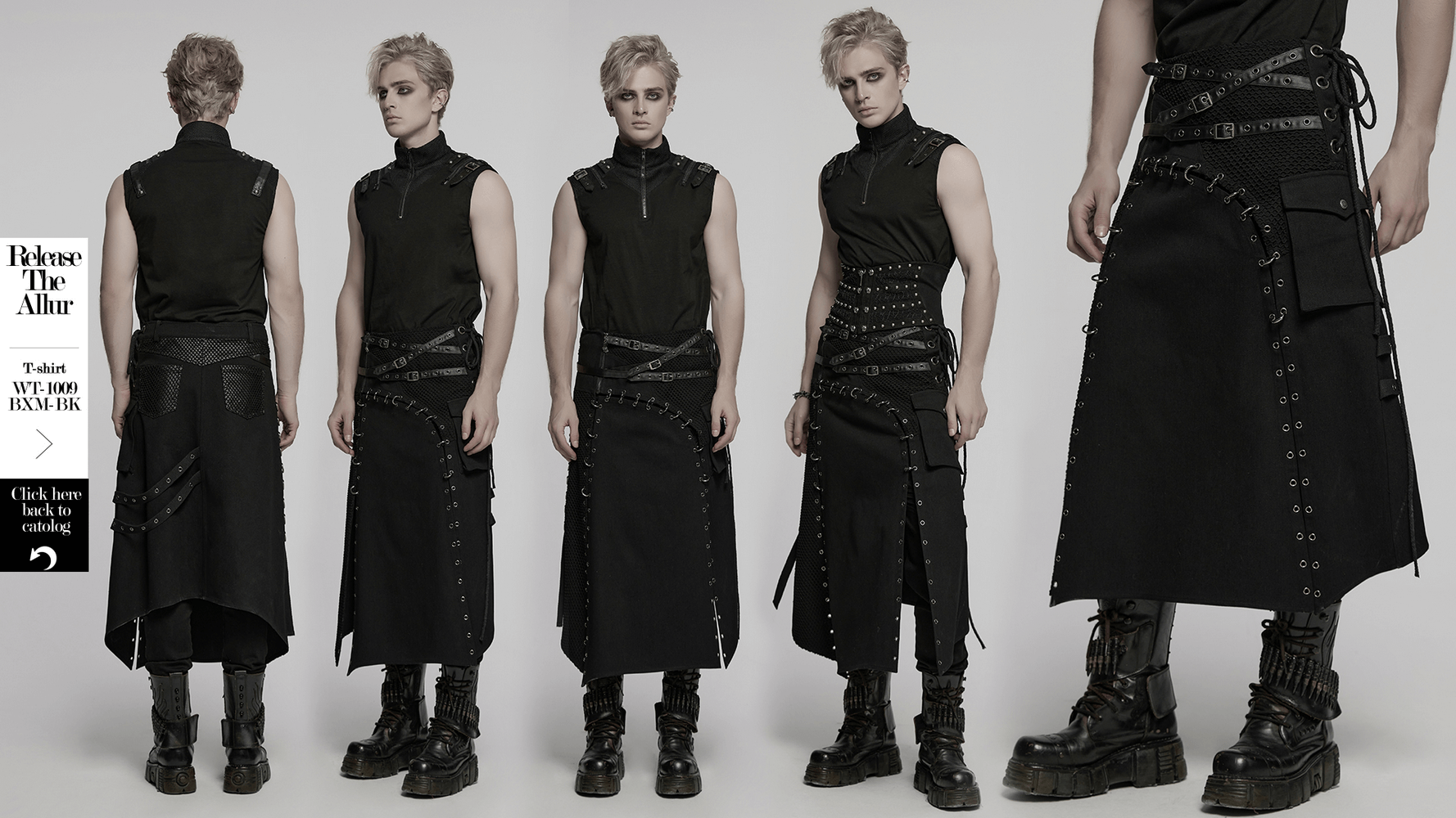 Asymmetric male gothic skirt featuring metal snap accents, perfect for edgy fashion enthusiasts.