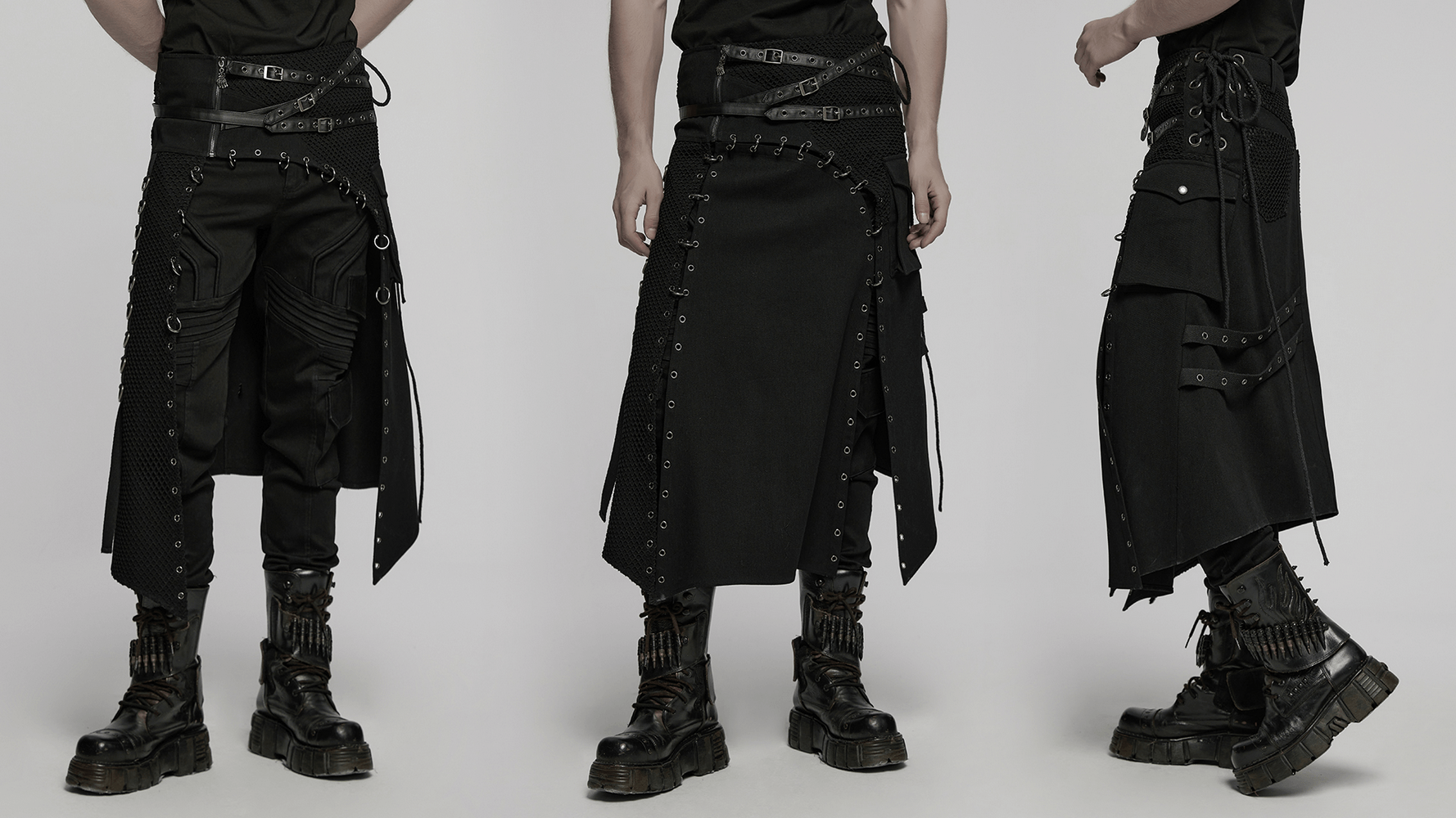 Asymmetric male gothic skirt featuring metal snap accents, perfect for a bold fashion statement.