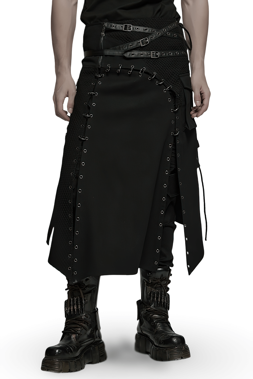 Asymmetric male gothic skirt with metal snap accents, perfect for edgy fashion and alternative styles.