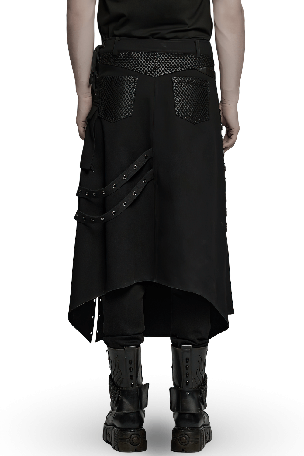 Asymmetric male gothic skirt with metal snap accents, stylishly worn with boots, perfect for edgy fashion enthusiasts.