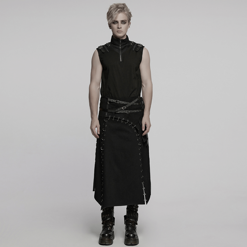 Asymmetric male gothic skirt with metal snap accents, stylishly worn in a trendy streetwear look.