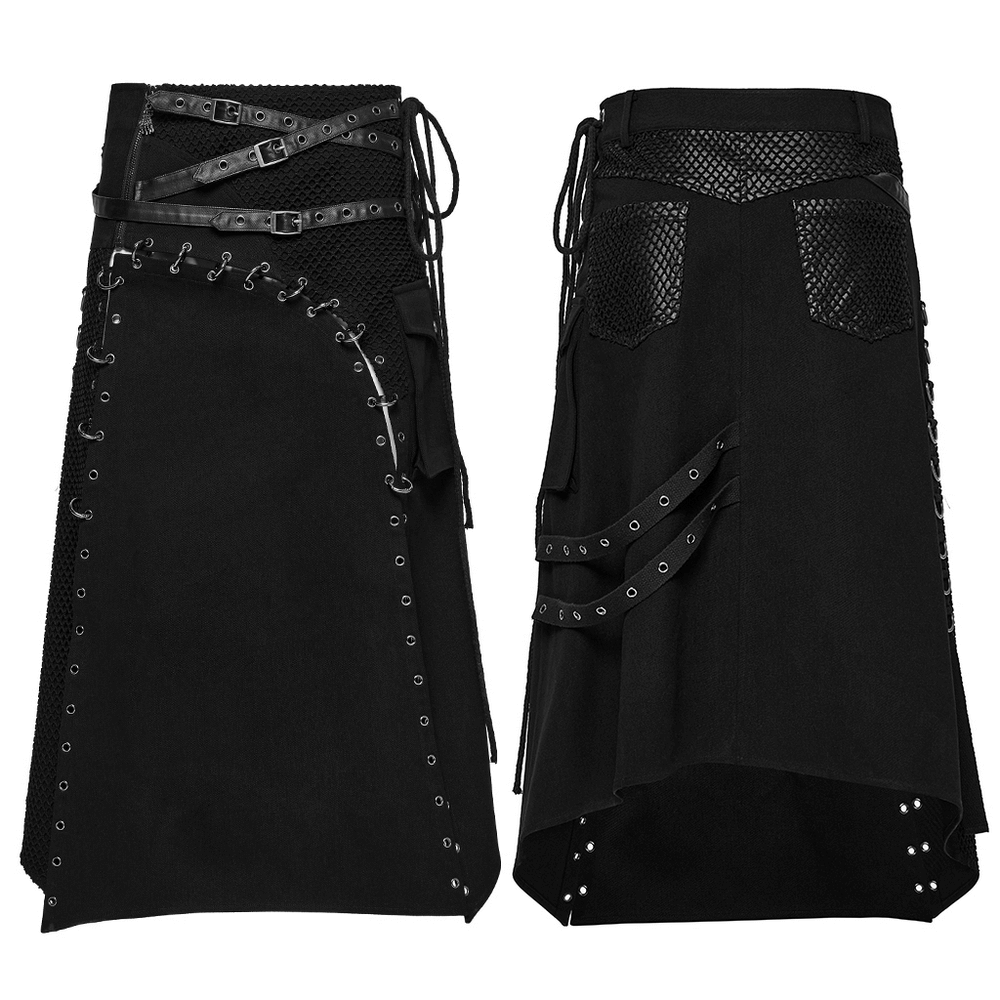 Asymmetric male gothic skirt featuring metal snap accents and edgy straps, perfect for a bold fashion statement.