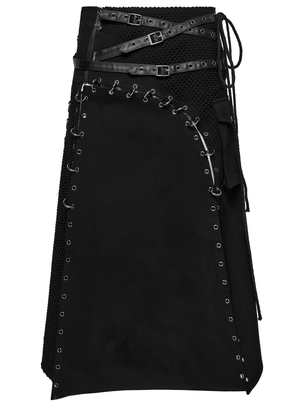 Asymmetric male gothic skirt featuring metal snap accents and unique lace-up design.