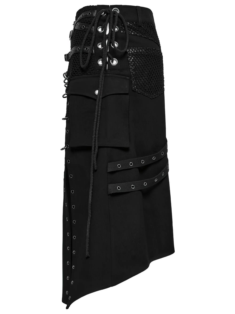 Asymmetric male gothic skirt featuring metal snap accents and lace-up details for a bold style.