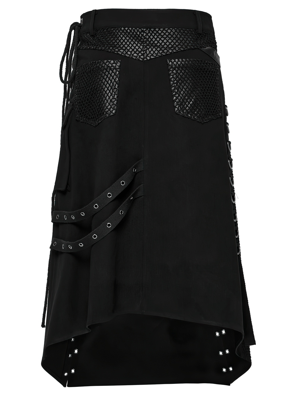 Asymmetric male gothic skirt featuring metal snap accents and mesh pockets for a bold, edgy look.