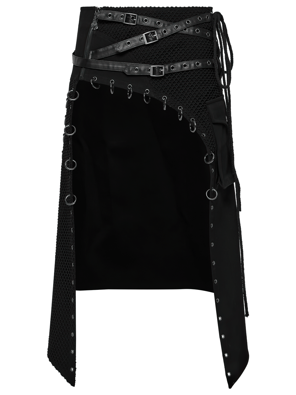 Asymmetric male gothic skirt with metal snap accents and edgy belt details, perfect for a bold fashion statement.