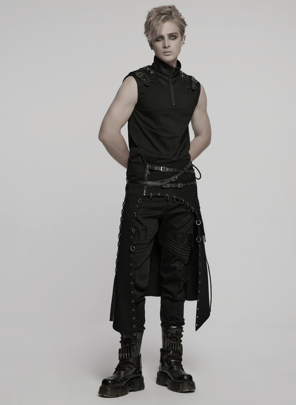 Asymmetric male gothic skirt with metal snap accents, showcasing edgy fashion and bold style for modern aesthetics.