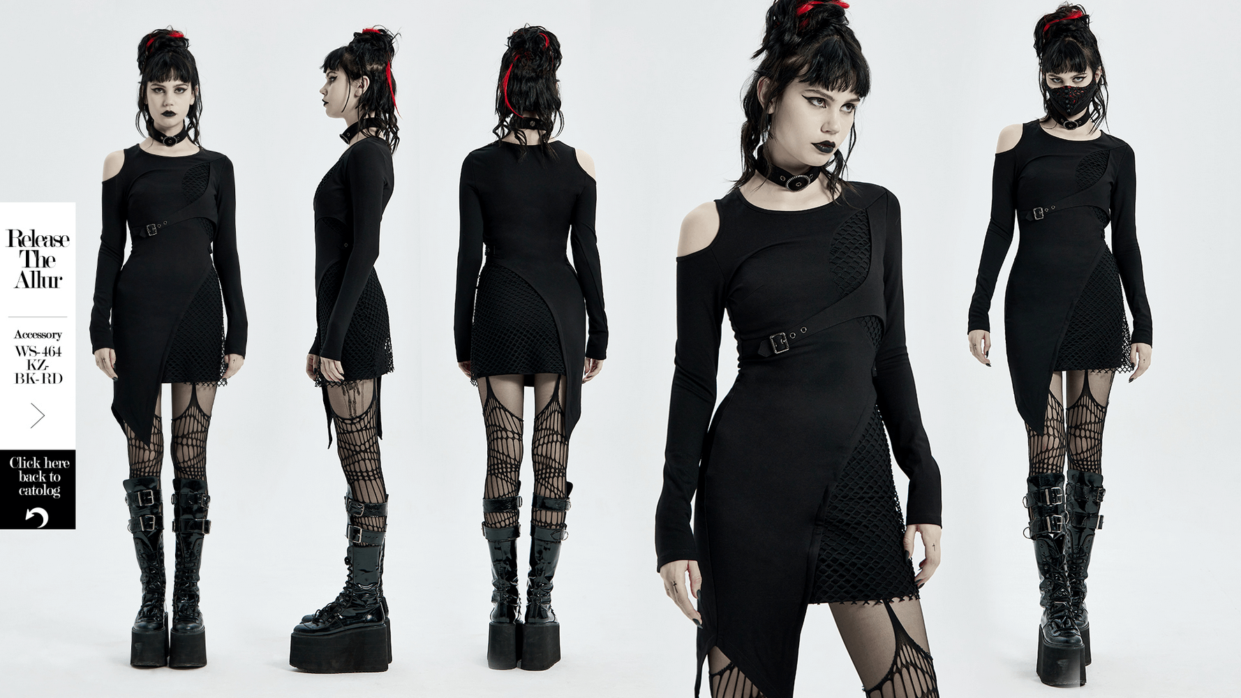 Asymmetric Mesh Insert Punk Dress with Removable Collar - HARD'N'HEAVY